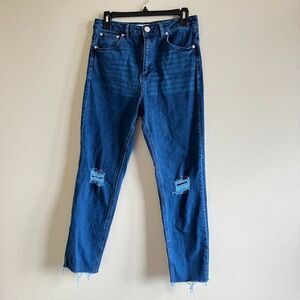 ASOS‎ FARLEIGH High Waisted Slim Mom Jeans Distressed Raw Hem In Mid Wash 28/30